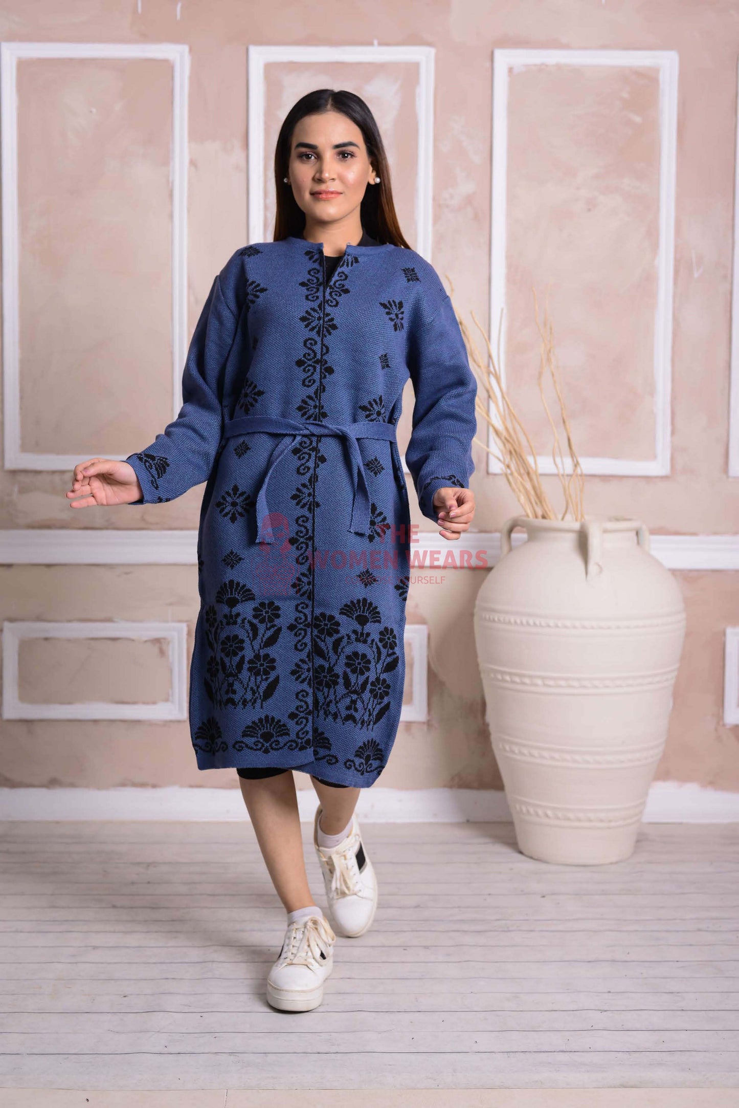 Imported Front Open Kashmir Blue Cozy Belted Cardigan Sweater - (CGN36)