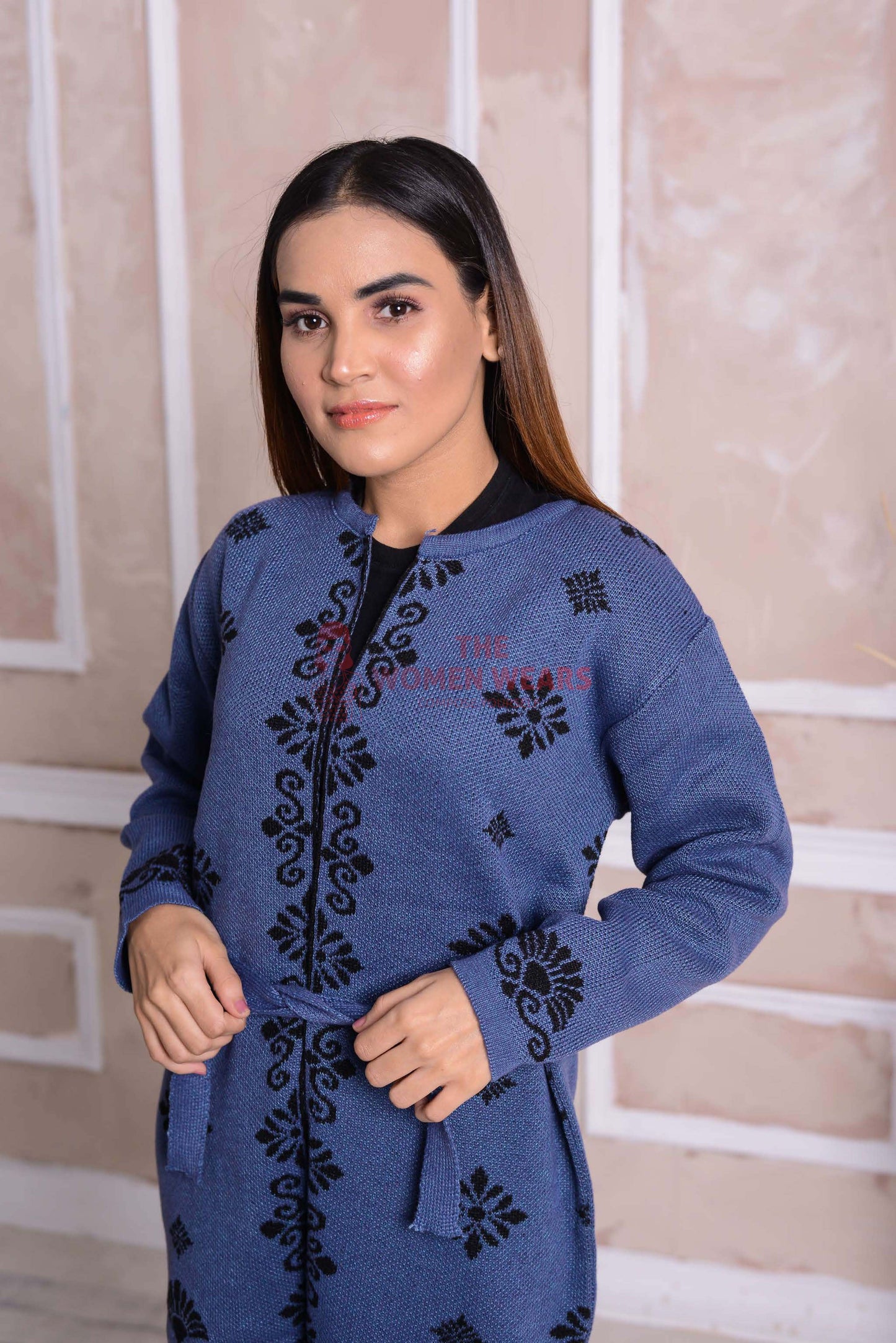 Imported Front Open Kashmir Blue Cozy Belted Cardigan Sweater - (CGN36)
