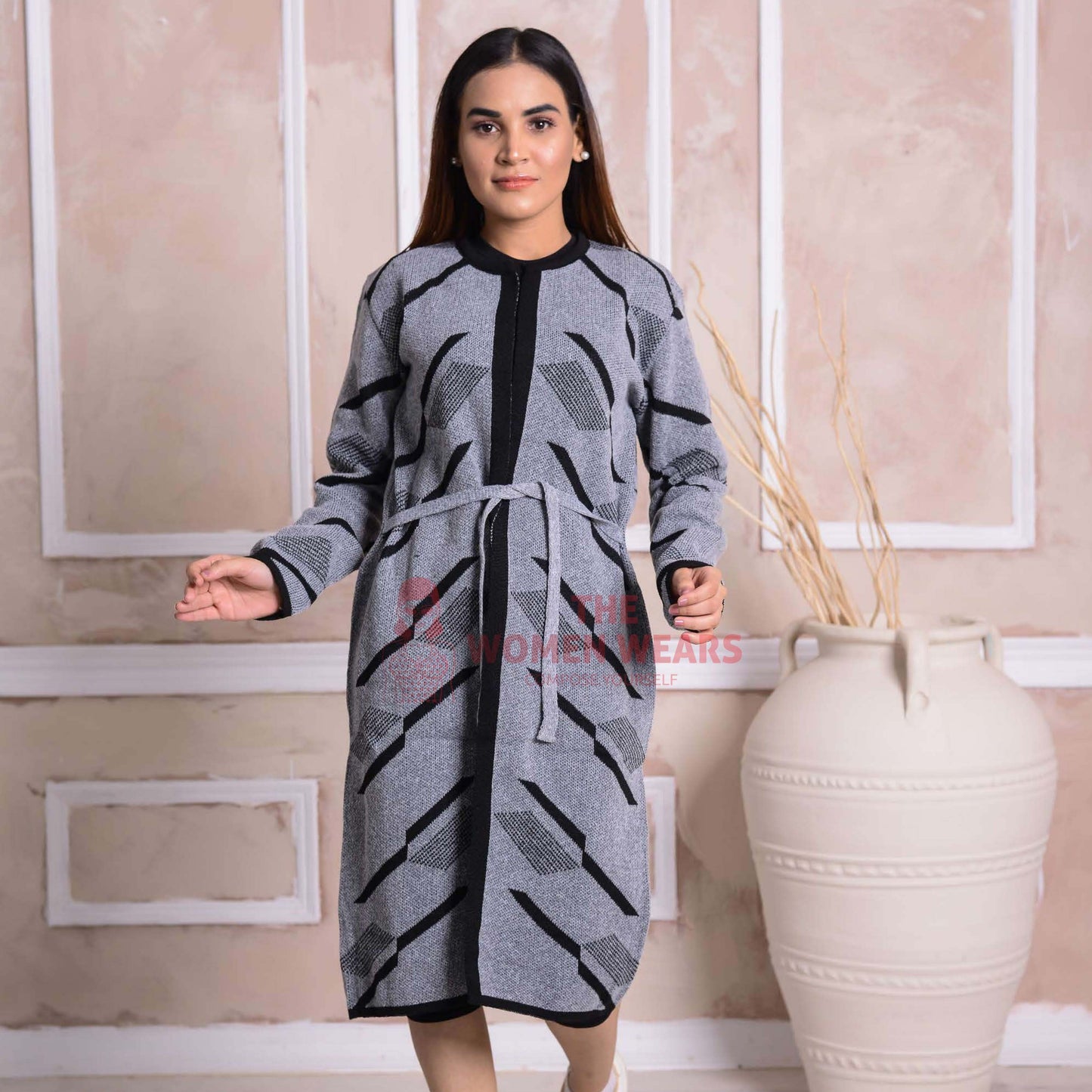 Imported Front Open Storm Grey Cozy Belted Cardigan Sweater - (CGN43)