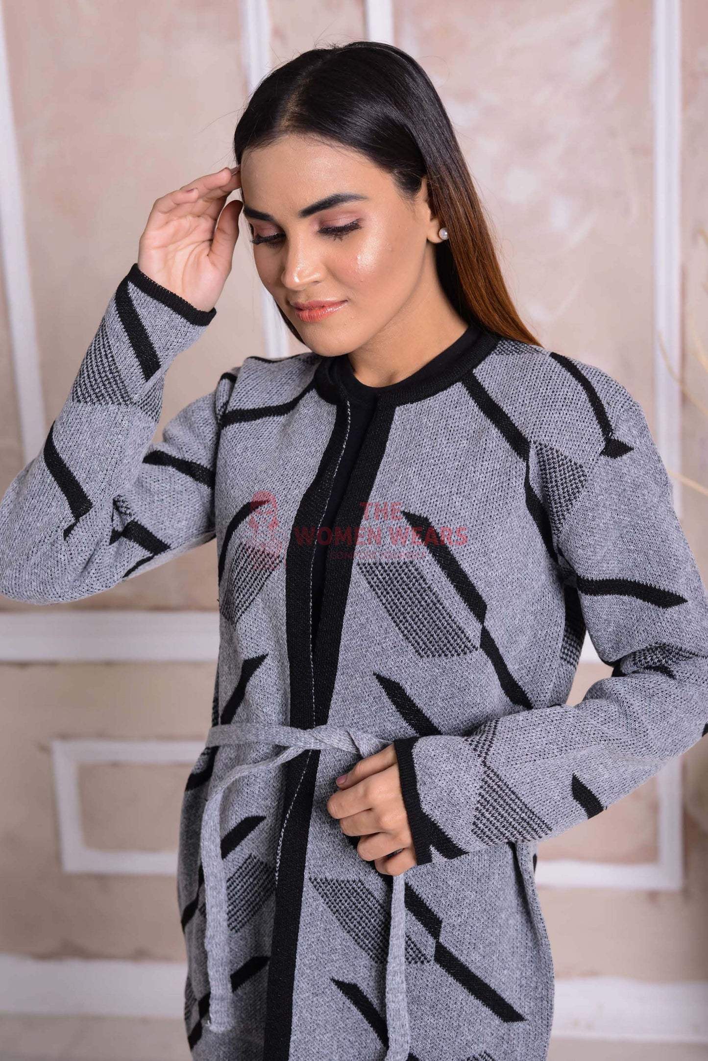 Imported Front Open Storm Grey Cozy Belted Cardigan Sweater - (CGN43)
