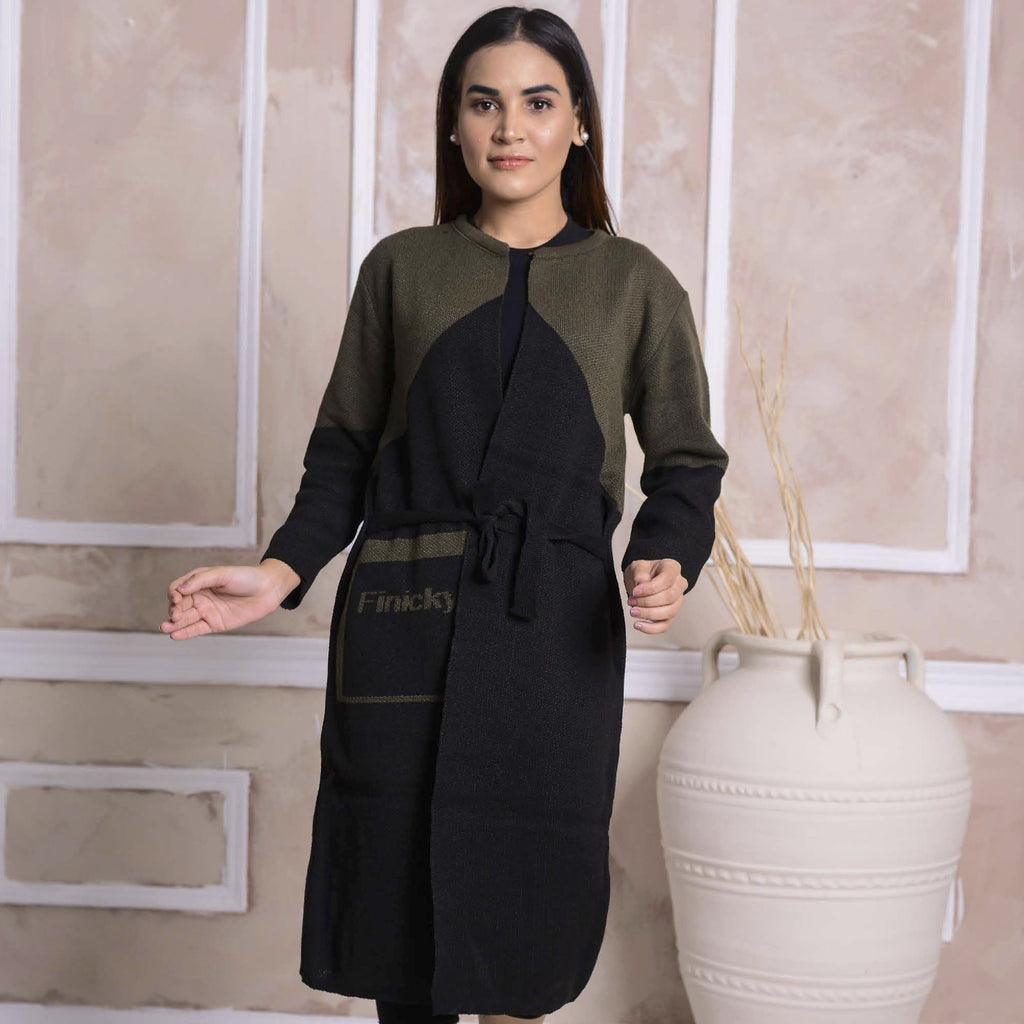 Imported Front Open Black & Green Cozy Belted Cardigan Sweater - (CGN57)