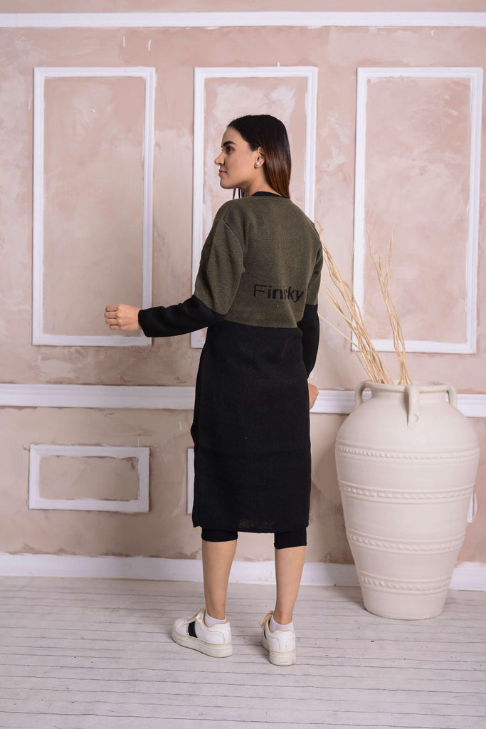Imported Front Open Black & Green Cozy Belted Cardigan Sweater - (CGN57)