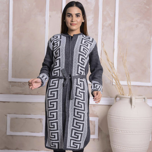 Imported Front Open Gunpowder & Grey Patterned Cozy Belted Cardigan Sweater - (CGN58)