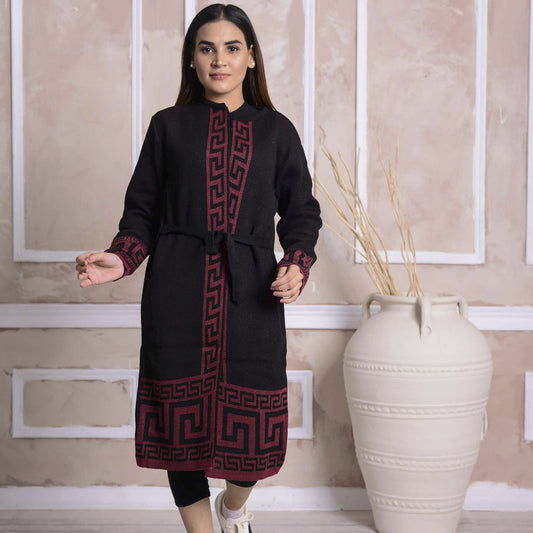 Imported Front Open Black & Pink Patterned Cozy Belted Cardigan Sweater - (CGN61)