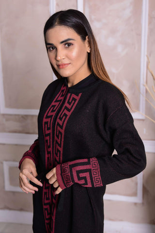 Imported Front Open Black & Pink Patterned Cozy Belted Cardigan Sweater - (CGN61)