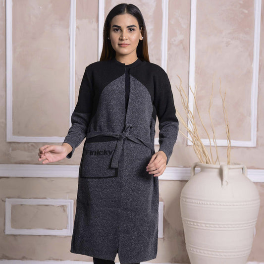 Imported Front Open Charcoal Grey & Black Cozy Belted Cardigan Sweater - (CGN65)