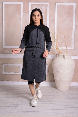 Imported Front Open Charcoal Grey & Black Cozy Belted Cardigan Sweater - (CGN65)