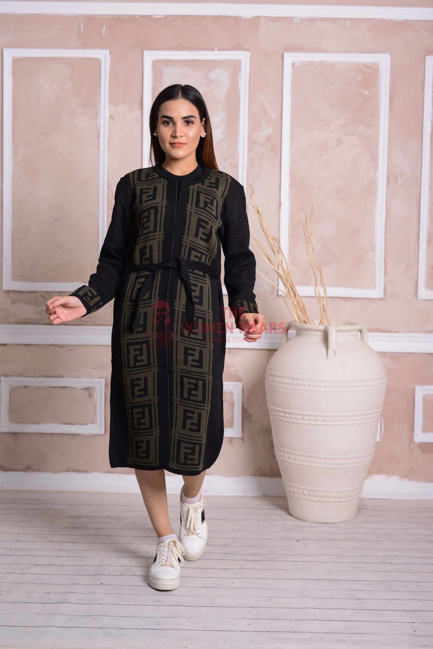 Imported Front Open Woodsmoke with Green Patterned Cozy Belted Cardigan Sweater - (CGN50)