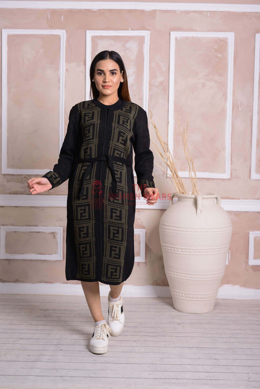 Imported Front Open Woodsmoke with Green Patterned Cozy Belted Cardigan Sweater - (CGN50)