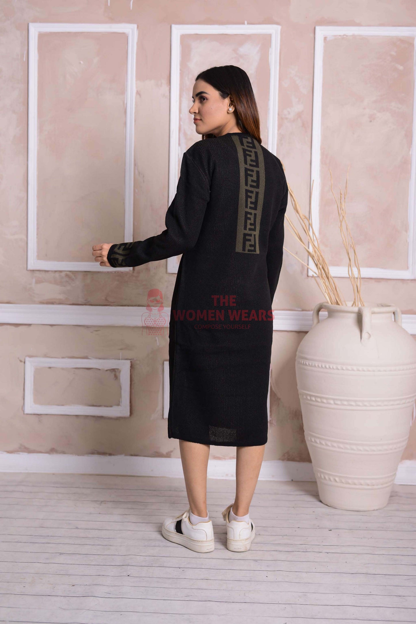Imported Front Open Woodsmoke with Green Patterned Cozy Belted Cardigan Sweater - (CGN50)