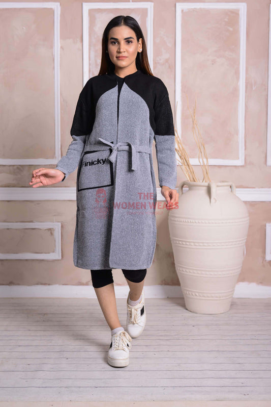 Imported Front Open Grey & Black Cozy Belted Cardigan Sweater - (CGN53)