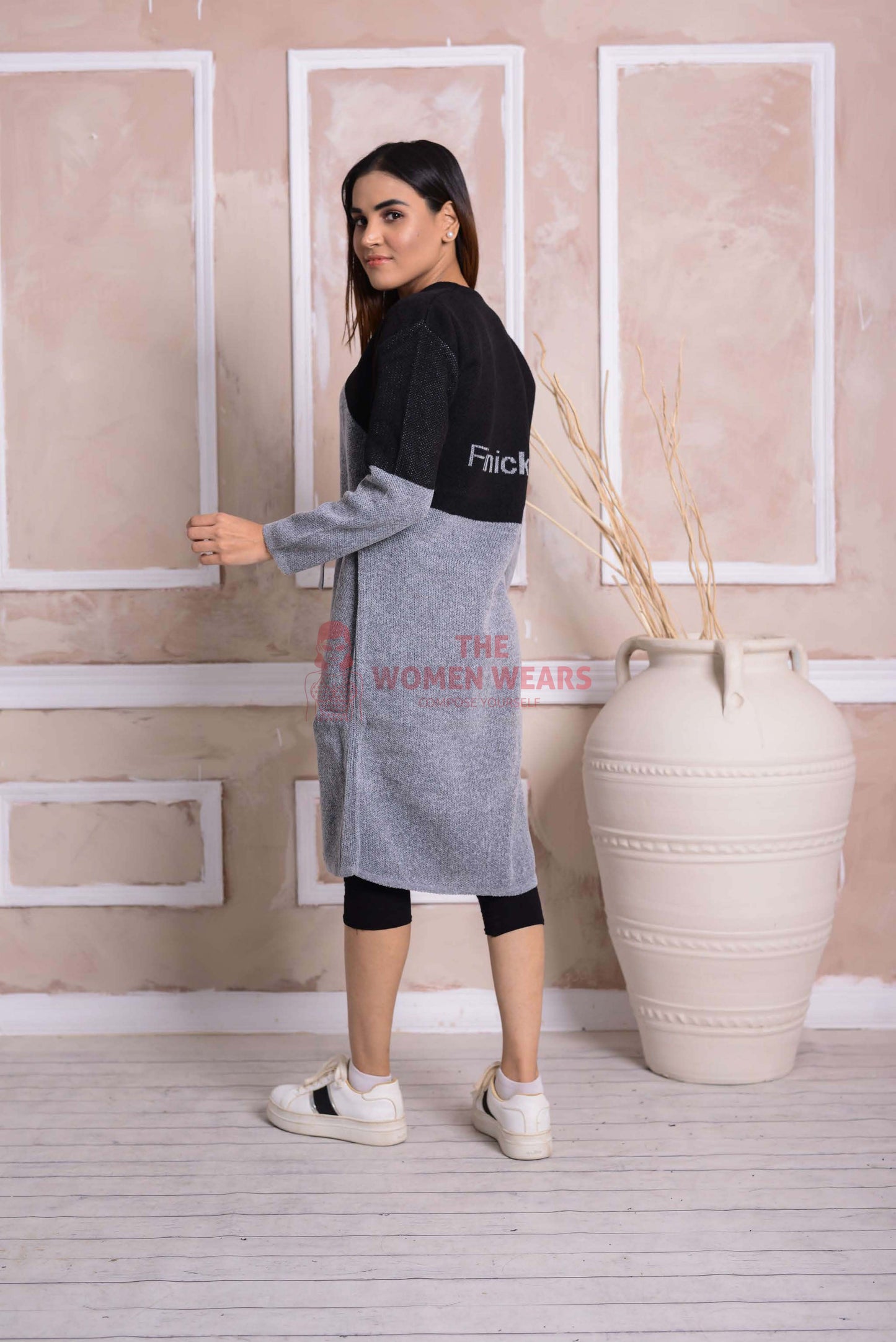 Imported Front Open Grey & Black Cozy Belted Cardigan Sweater - (CGN53)