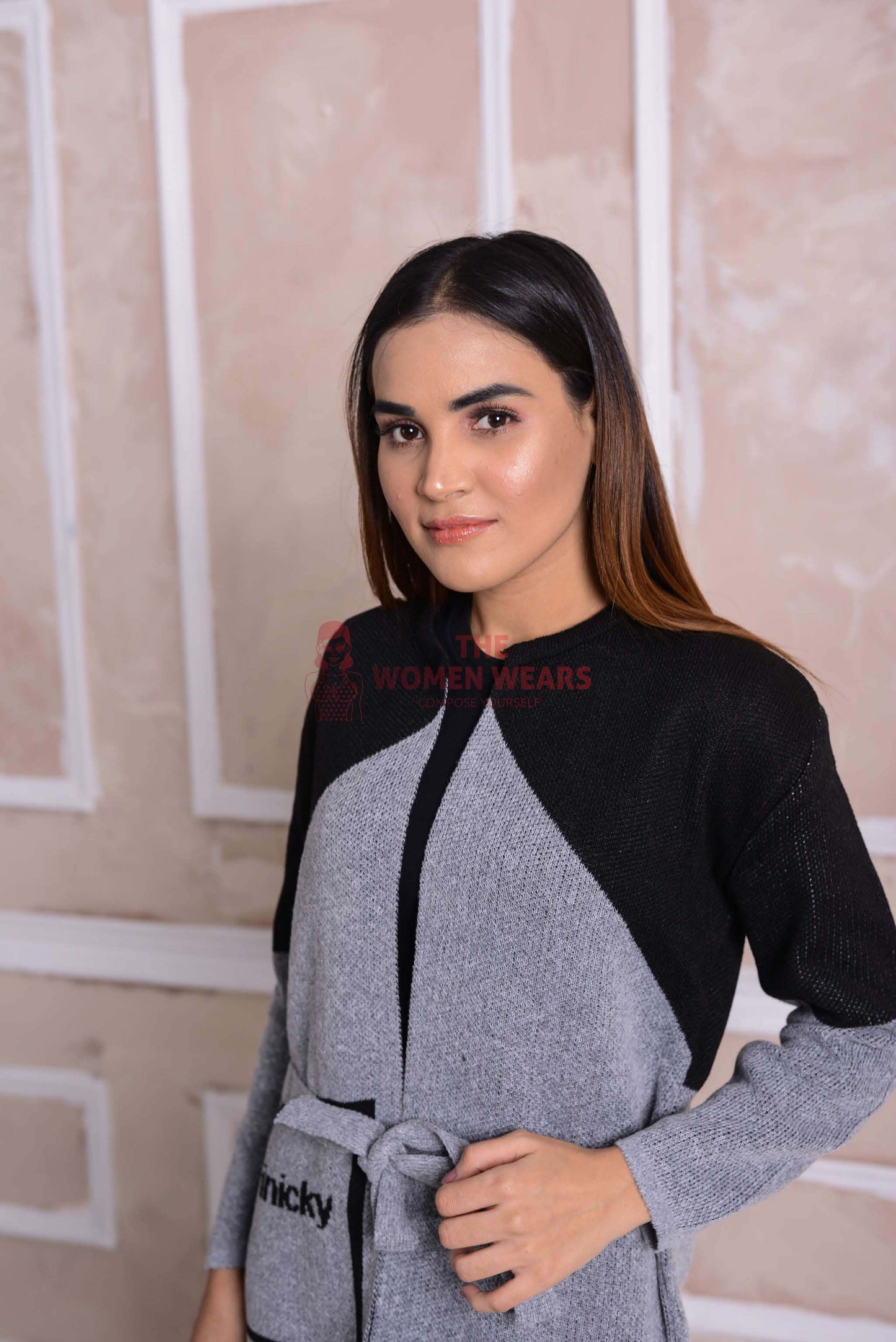 Imported Front Open Grey & Black Cozy Belted Cardigan Sweater - (CGN53)