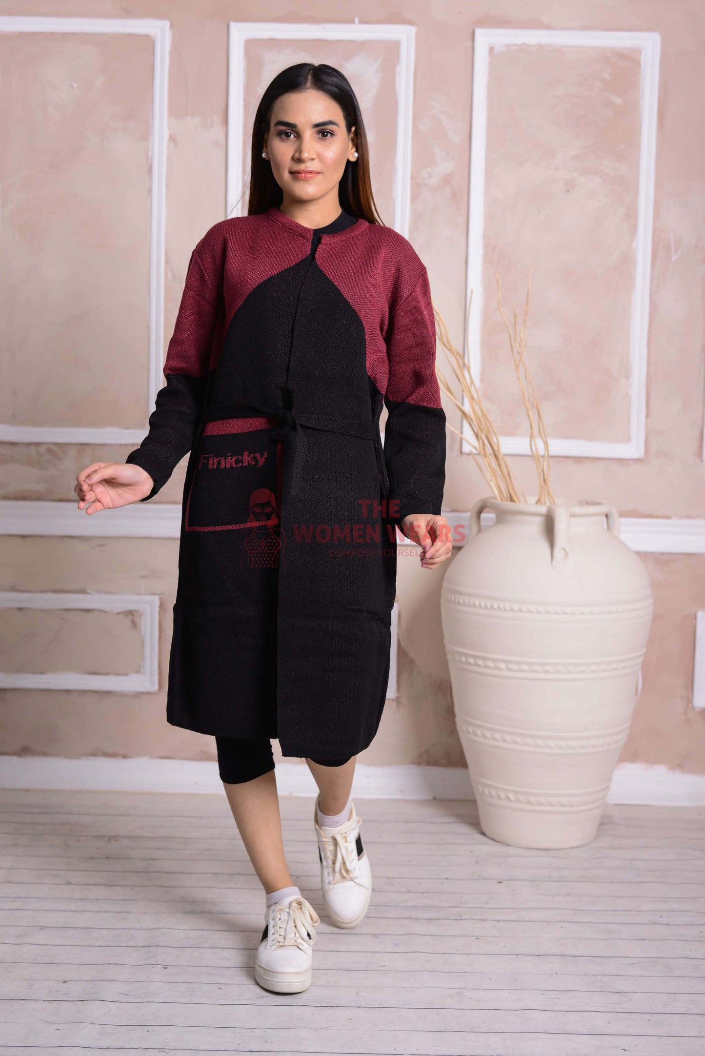 Imported Front Open Black & Pink Cozy Belted Cardigan Sweater - (CGN54)