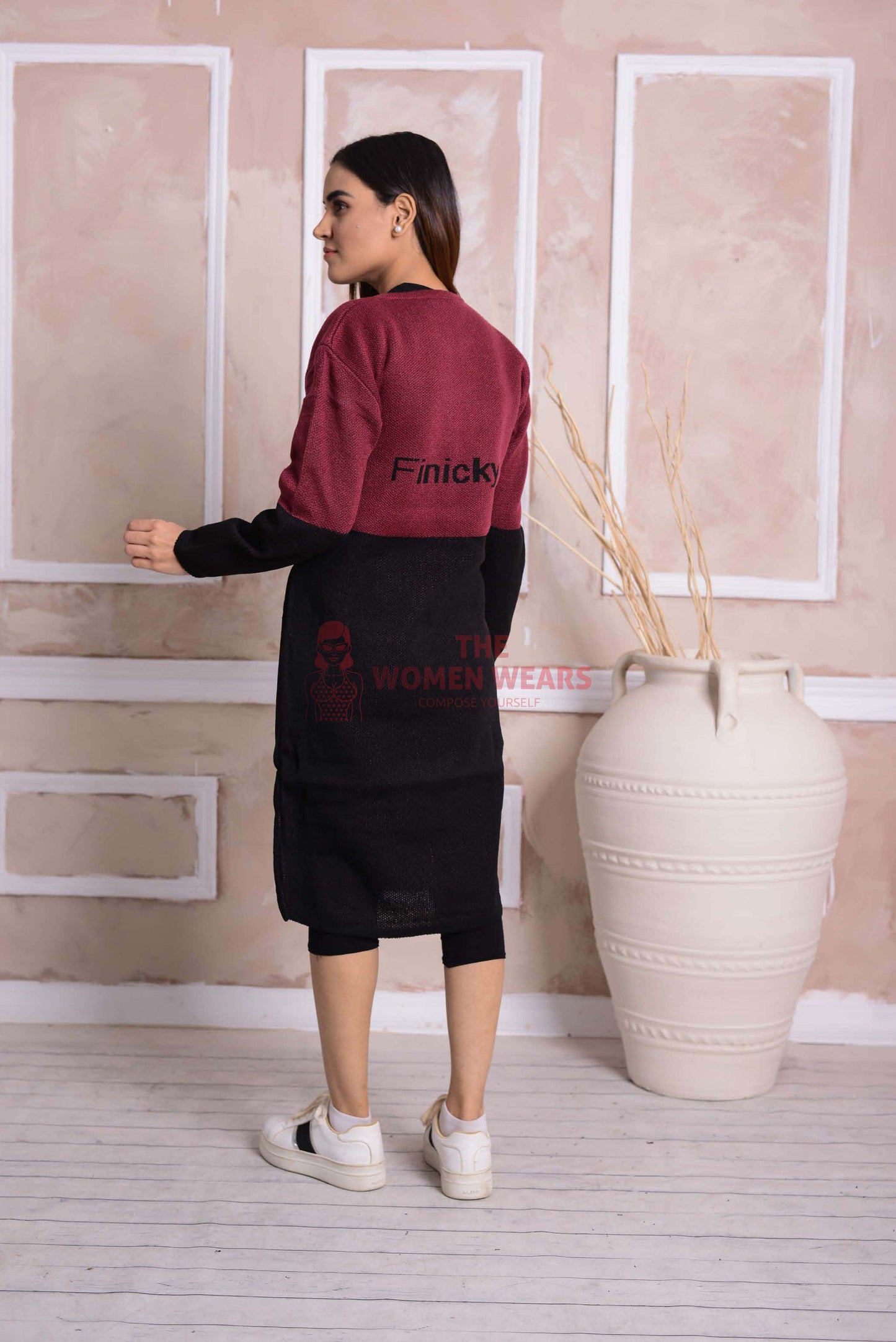 Imported Front Open Black & Pink Cozy Belted Cardigan Sweater - (CGN54)