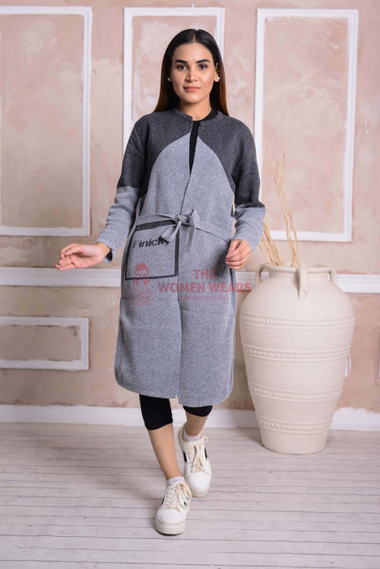 Imported Front Open Regent Grey & Dark Grey Cozy Belted Cardigan Sweater - (CGN55)