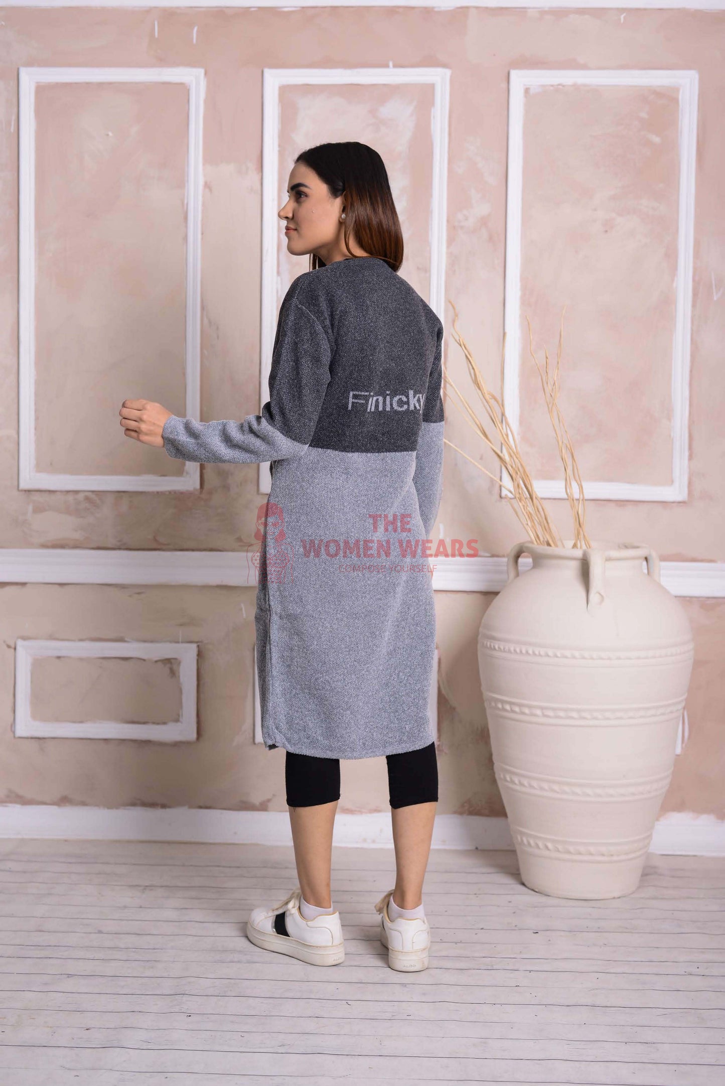 Imported Front Open Regent Grey & Dark Grey Cozy Belted Cardigan Sweater - (CGN55)
