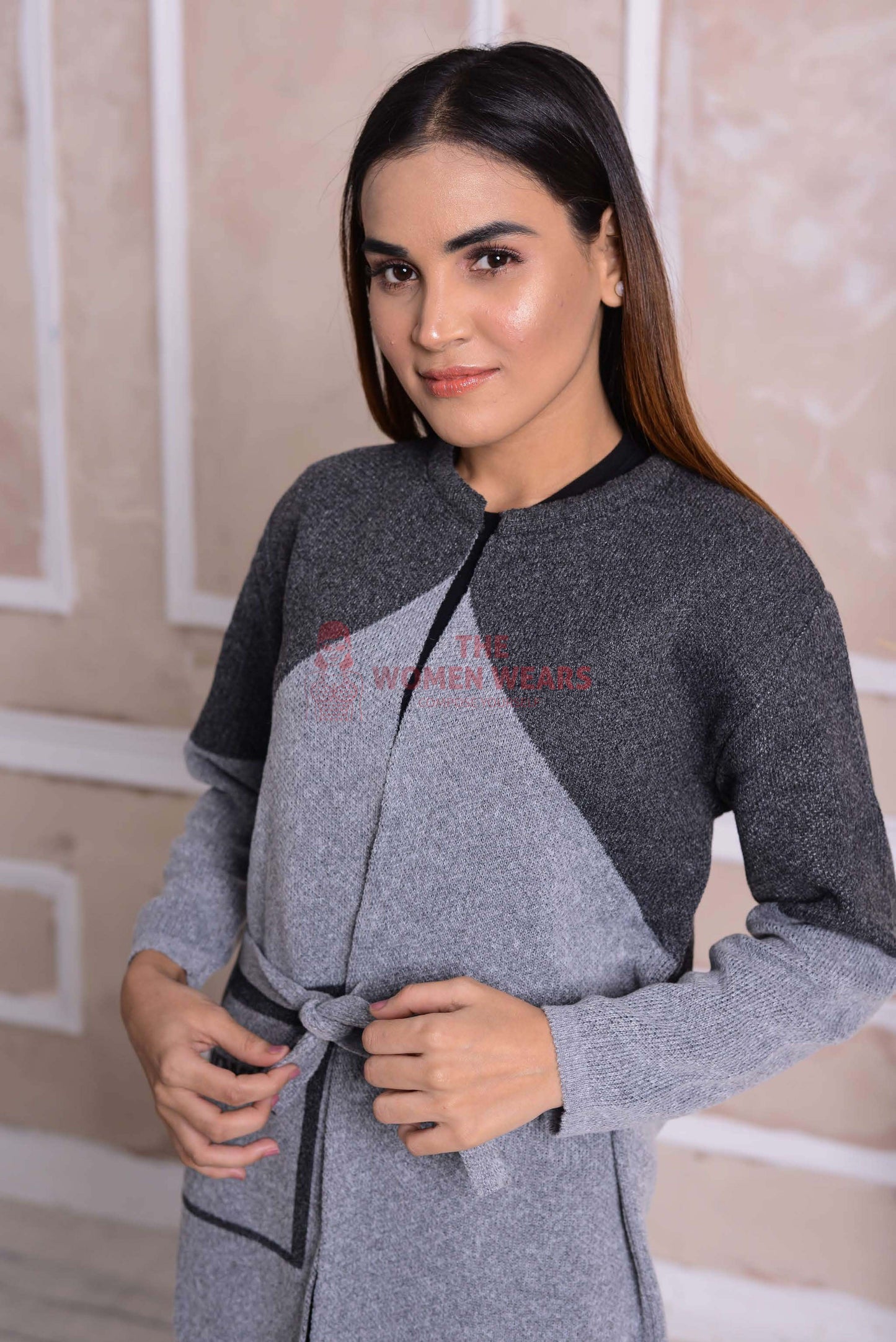 Imported Front Open Regent Grey & Dark Grey Cozy Belted Cardigan Sweater - (CGN55)