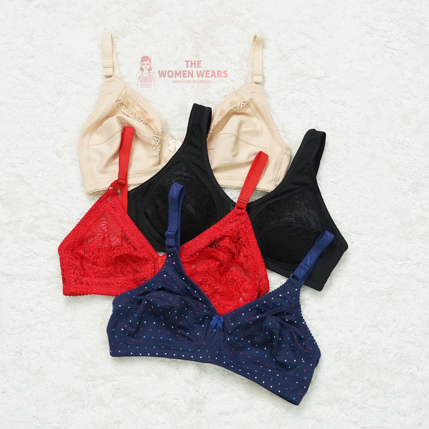 Pack of 3 Dotted/Half Lace Light Padded Bra ( PCK 012 )