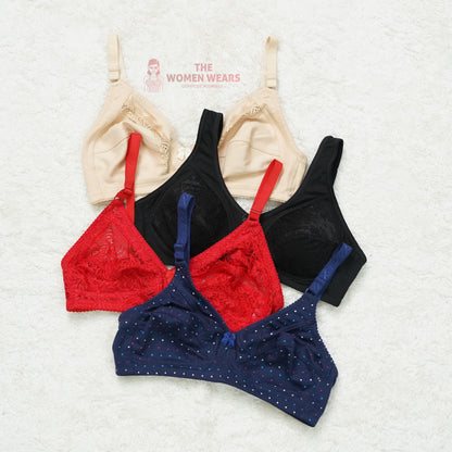 Pack of 3 Dotted/Half Lace Light Padded Bra ( PCK 012 )