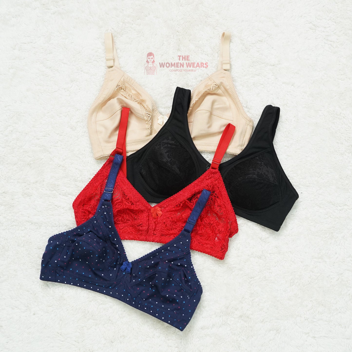 Pack of 3 Dotted/Half Lace Light Padded Bra ( PCK 012 )