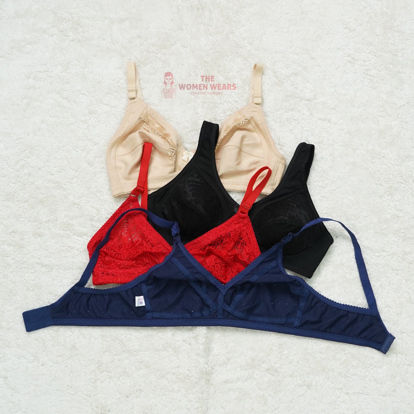 Pack of 3 Dotted/Half Lace Light Padded Bra ( PCK 012 )