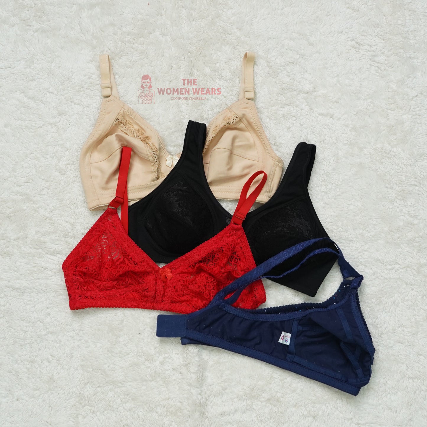 Pack of 3 Dotted/Half Lace Light Padded Bra ( PCK 012 )