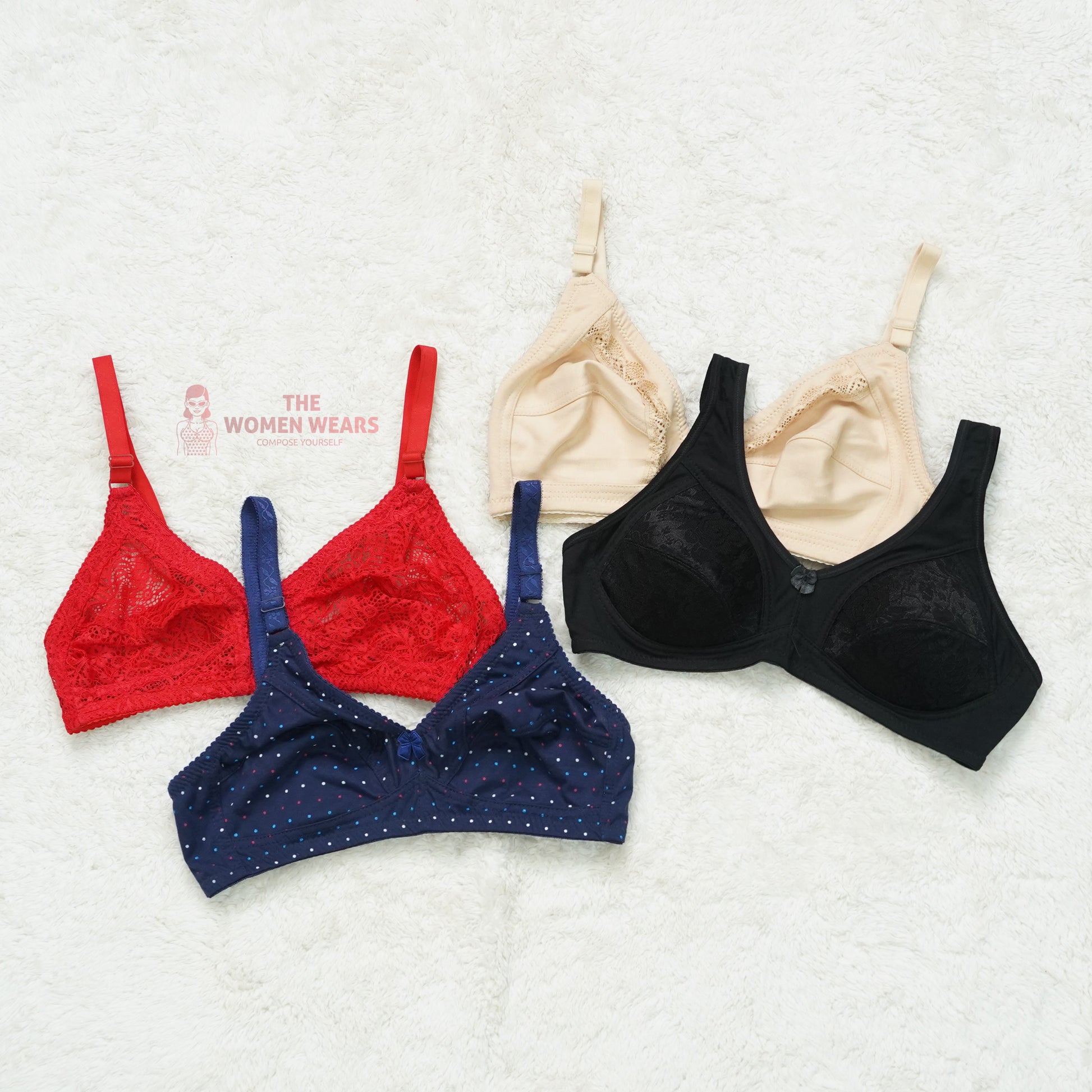 Pack of 3 Dotted/Half Lace Light Padded Bra ( PCK 012 )