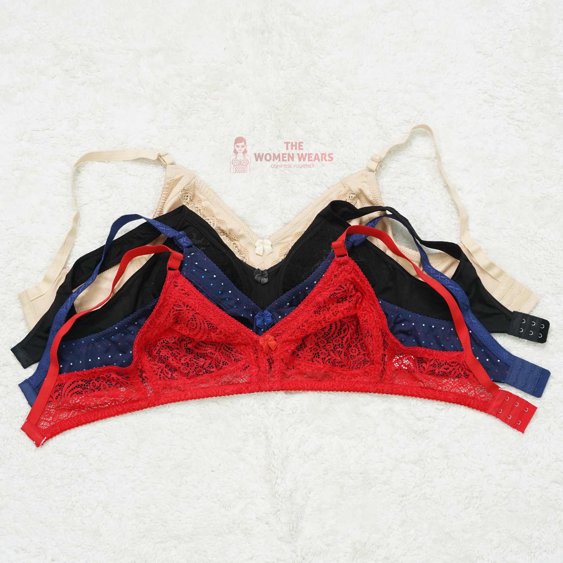 Pack of 3 Dotted/Half Lace Light Padded Bra ( PCK 012 )