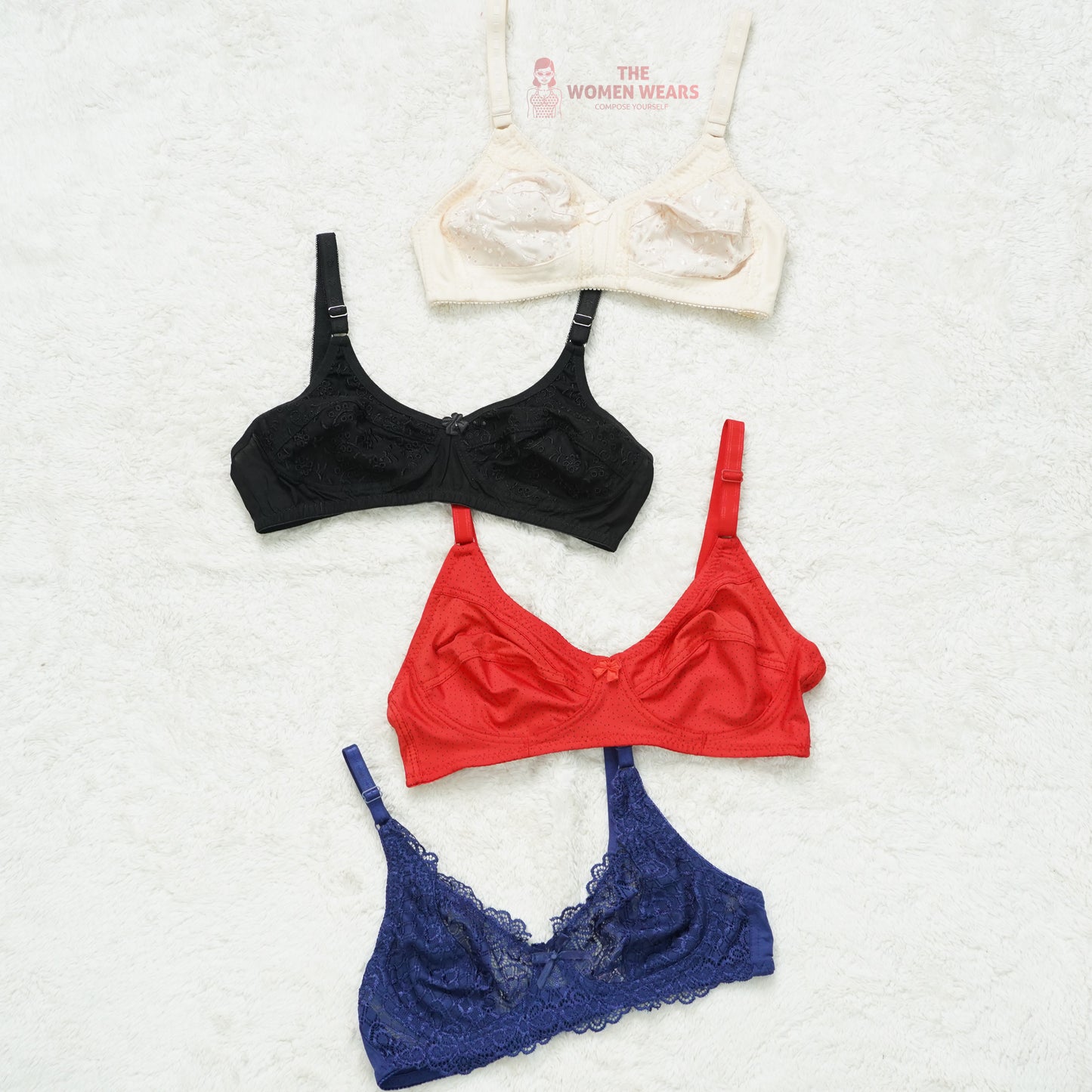 Pack of 3 Lace Pattern/Embroided Everyday Non Padded Bra ( PCK 014 )
