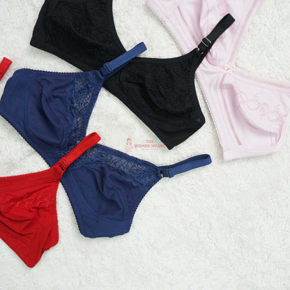 Pack of 3 Embroided Cotton Half Lace Non Padded Bra ( PCK 021 )