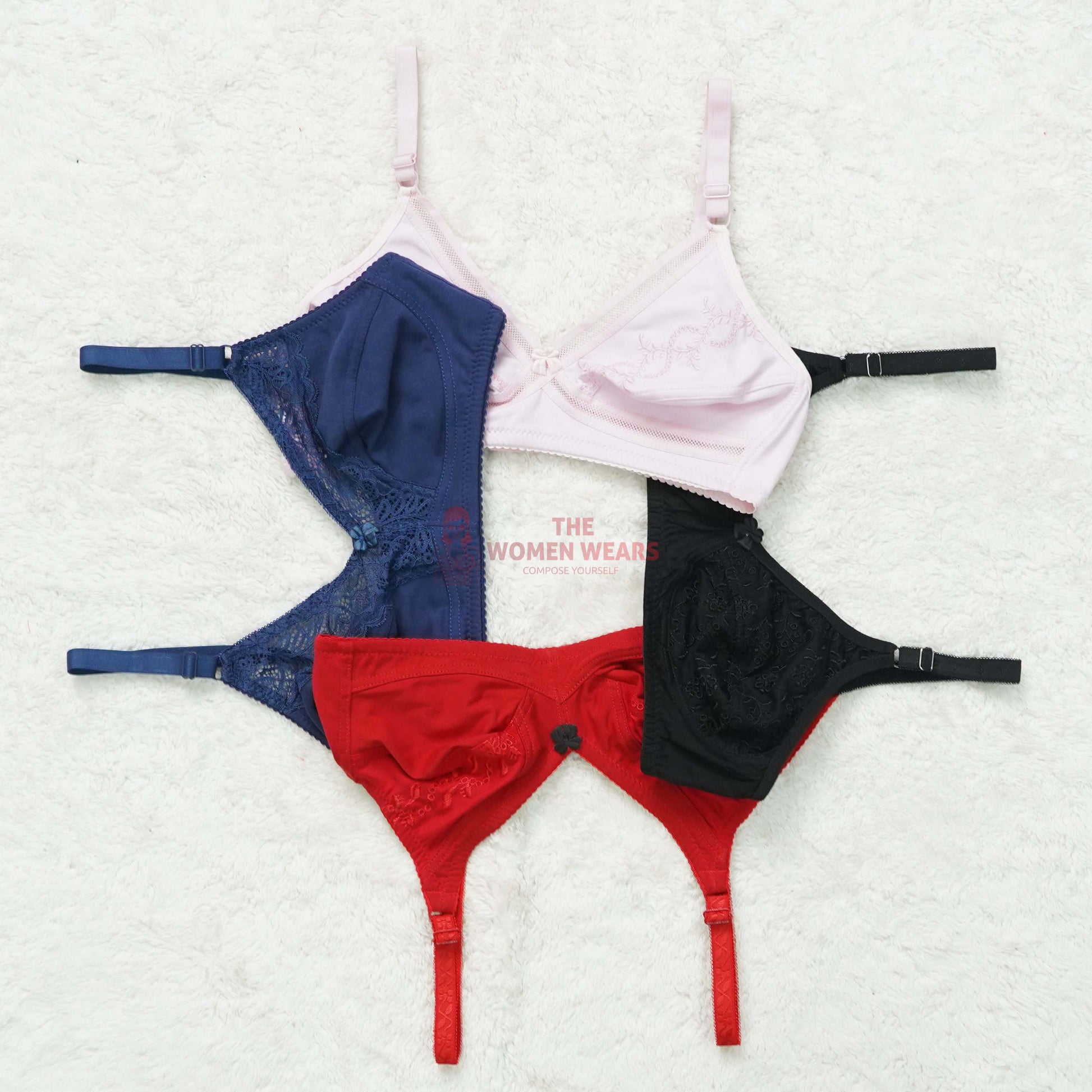 Pack of 3 Embroided Cotton Half Lace Non Padded Bra ( PCK 021 )