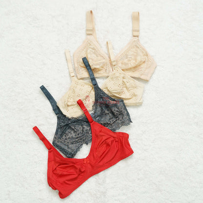 Pack of 3 Cotton Front Embroided Non Padded Bra ( PCK 023 )