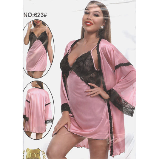 V-Neck short Lace Trim Full Sleves Nightgown (623)