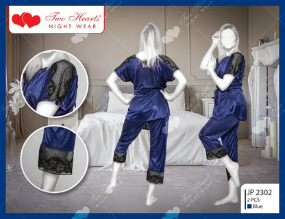 Two Piece Silk Pajamas Set With Black Patches (JP-2302)