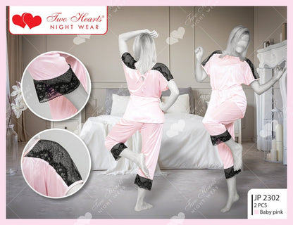Two Piece Silk Pajamas Set With Black Patches (JP-2302)