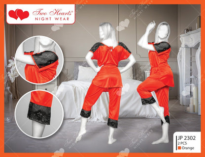 Two Piece Silk Pajamas Set With Black Patches (JP-2302)