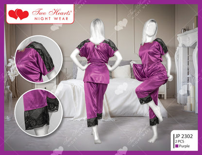 Two Piece Silk Pajamas Set With Black Patches (JP-2302)