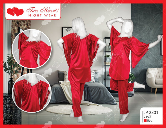 2 Piece Silk Ladies Bedgown With Bell Sleeves - Maroon (1157)