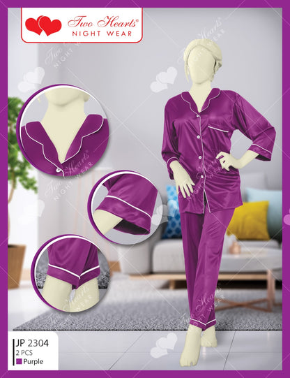 Two Hearts Silk Button Shirt Pajama's Set (JP-2304)