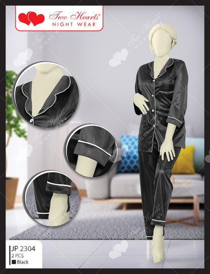 Two Hearts Silk Button Shirt Pajama's Set (JP-2304)