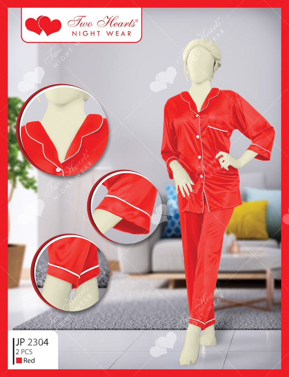 Two Hearts Silk Button Shirt Pajama's Set (JP-2304)