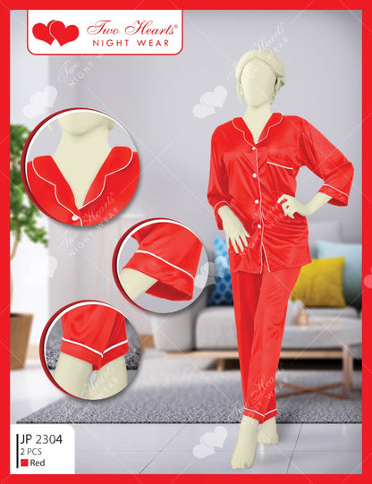 Two Hearts Silk Button Shirt Pajama's Set (JP-2304)
