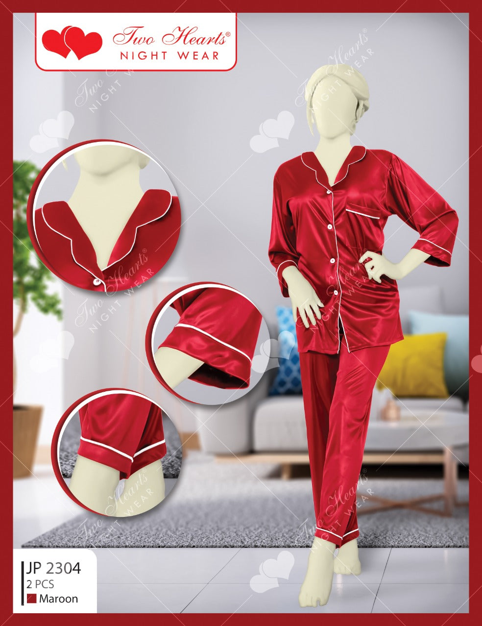 Two Hearts Silk Button Shirt Pajama's Set (JP-2304)