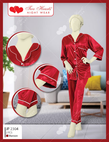 Two Hearts Silk Button Shirt Pajama's Set (JP-2304)