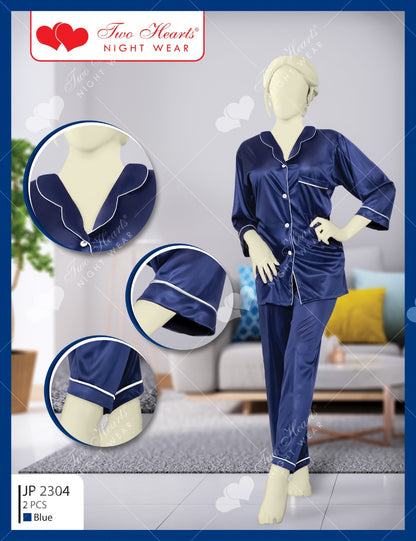 Two Hearts Silk Button Shirt Pajama's Set (JP-2304)